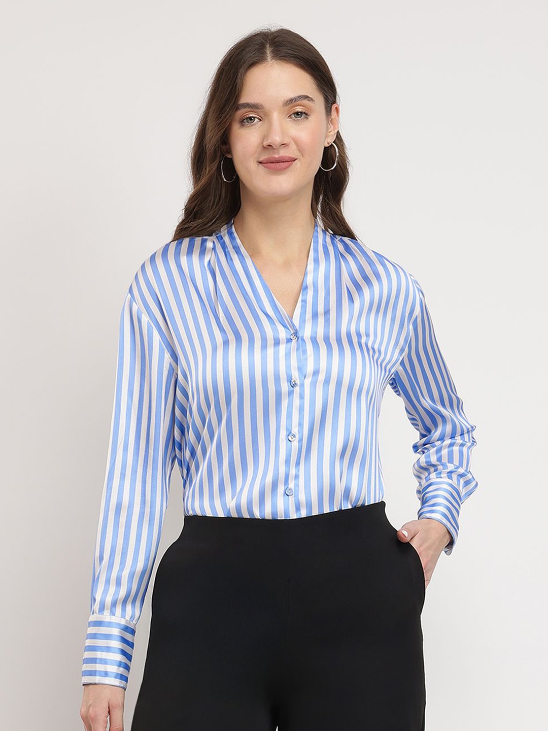

FableStreet Women Comfort Fit Collarless Vertical Striped Satin Casual Shirt, Blue