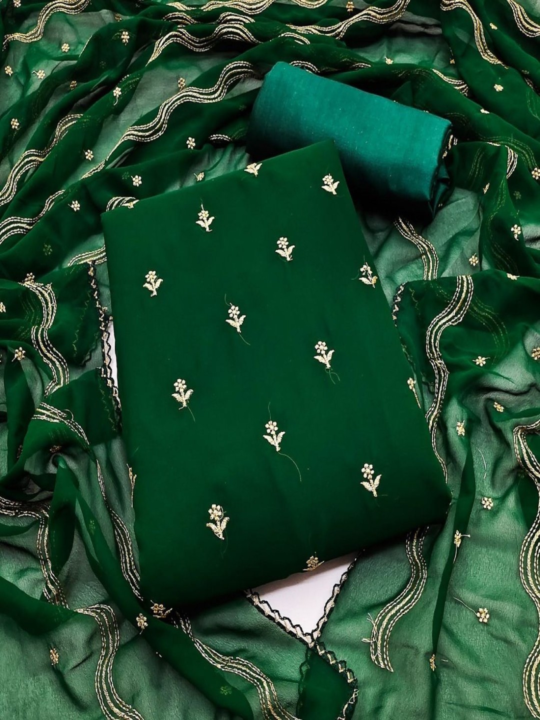 

Aika Floral Embroidered Georgette Unstitched Dress Material, Green