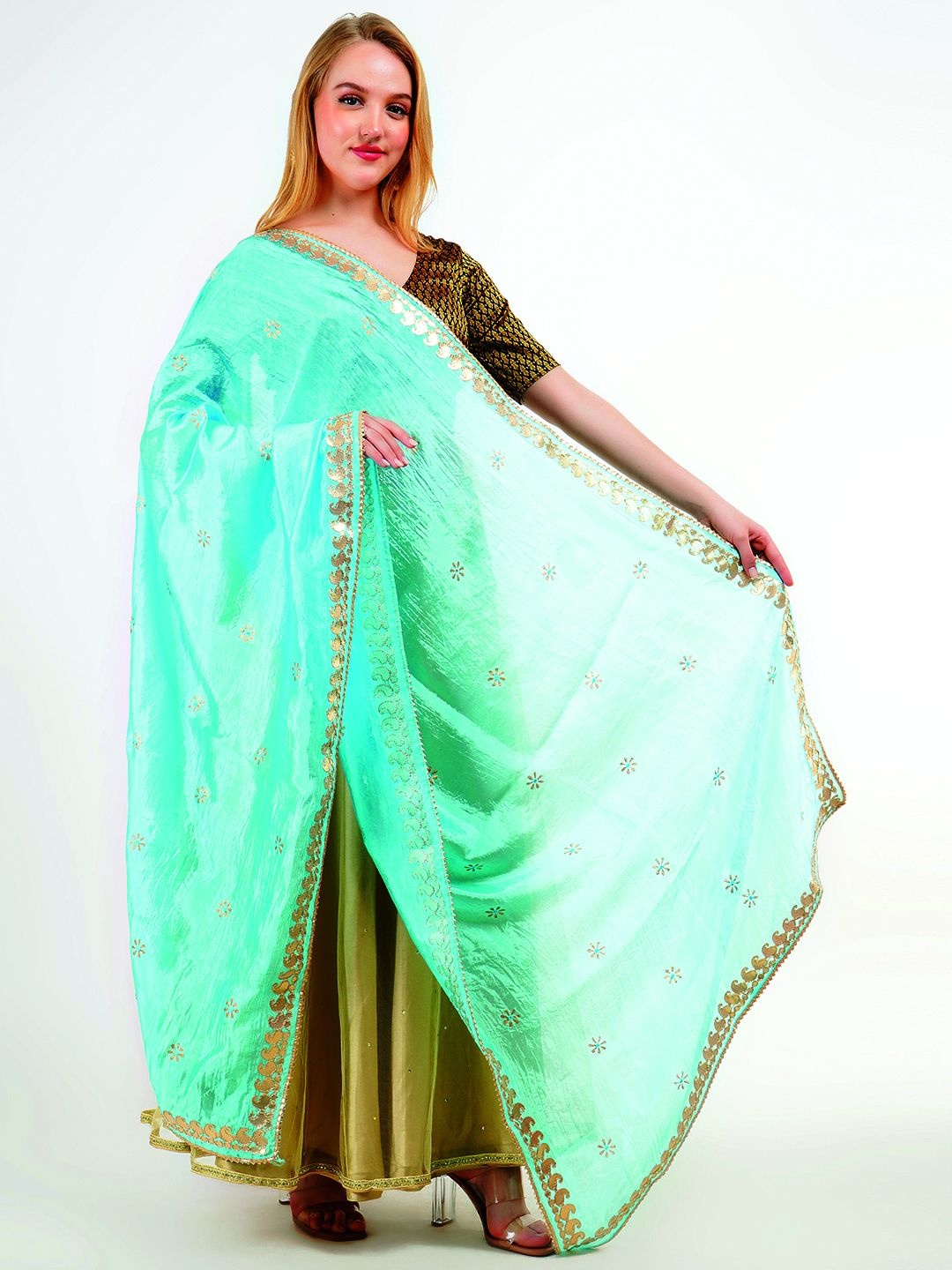 

Way2Like Floral Embroidered Gotta Patti Silk Wrap Shawl Scarf Hijab Dupatta, Blue