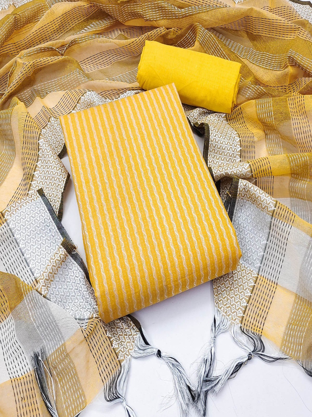 

Aika Striped Woven Design Pure Cotton Unstitched Dress Material, Yellow