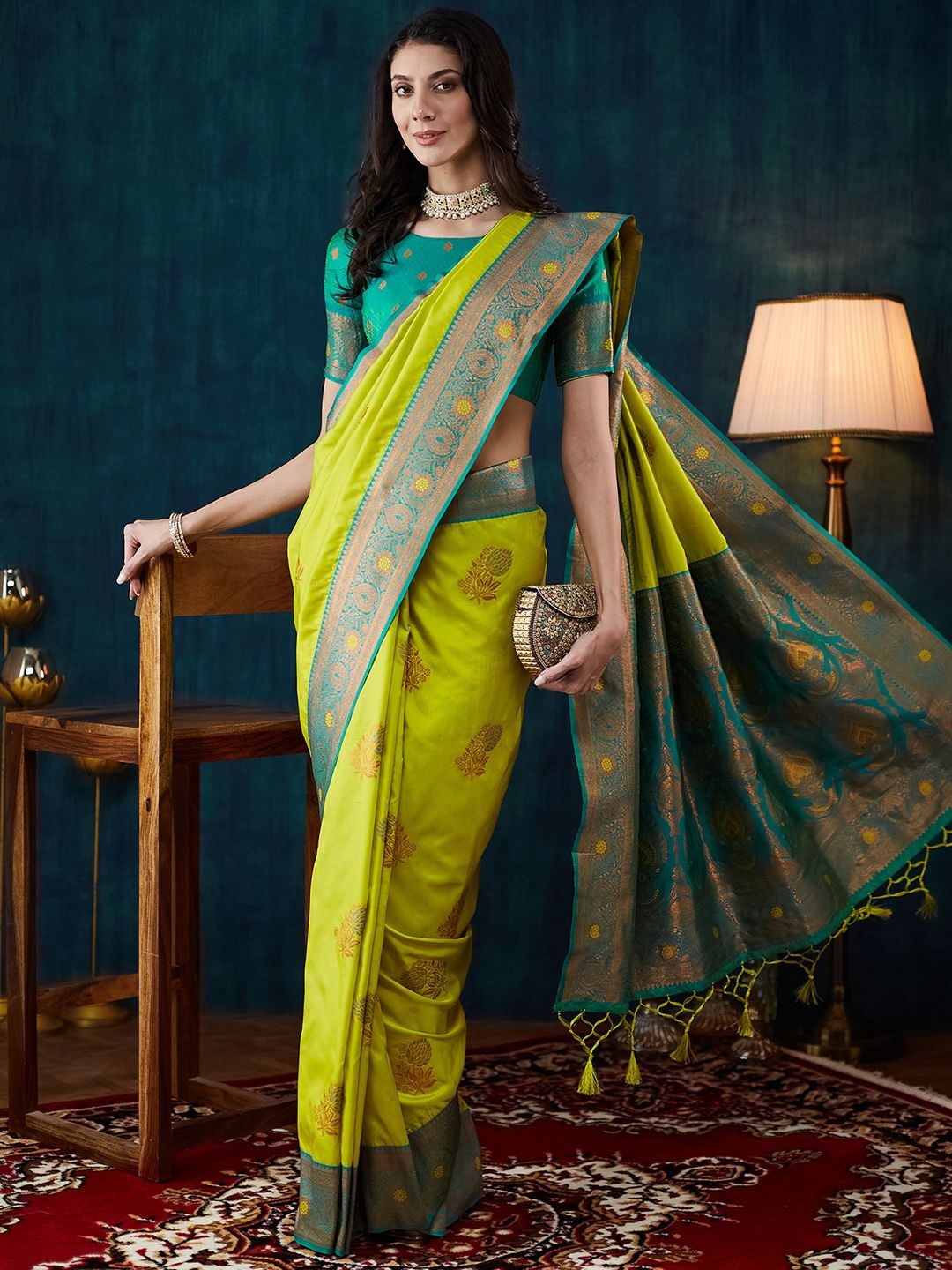 

Satrani Woven Design Zari Pure Silk Banarasi Saree, Green