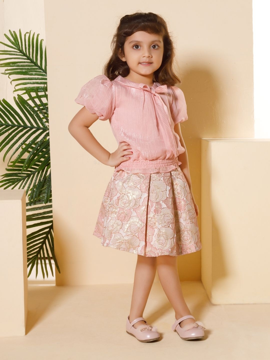 

Peppermint Amazing Autumn Girls Embellished Puff Sleeves Top With Skirt, Peach