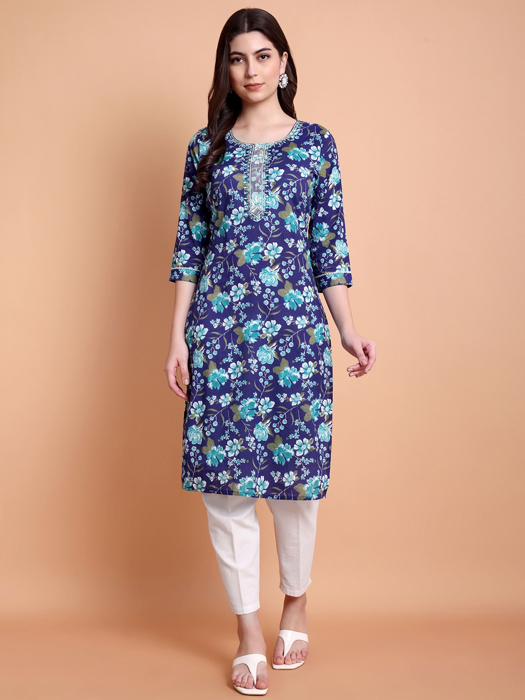 

WILL BOTTOM Floral Printed Pure Cotton Round Neck Straight Kurta, Navy blue