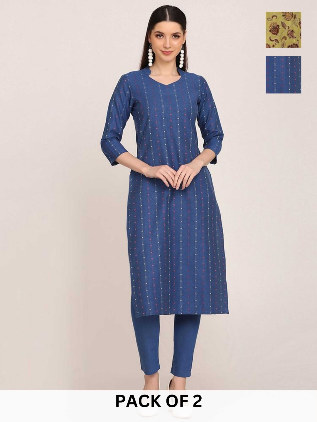 

KALINI Selection Of 2 Striped Mandarin Collar Straight Kurta With Trouser, Blue