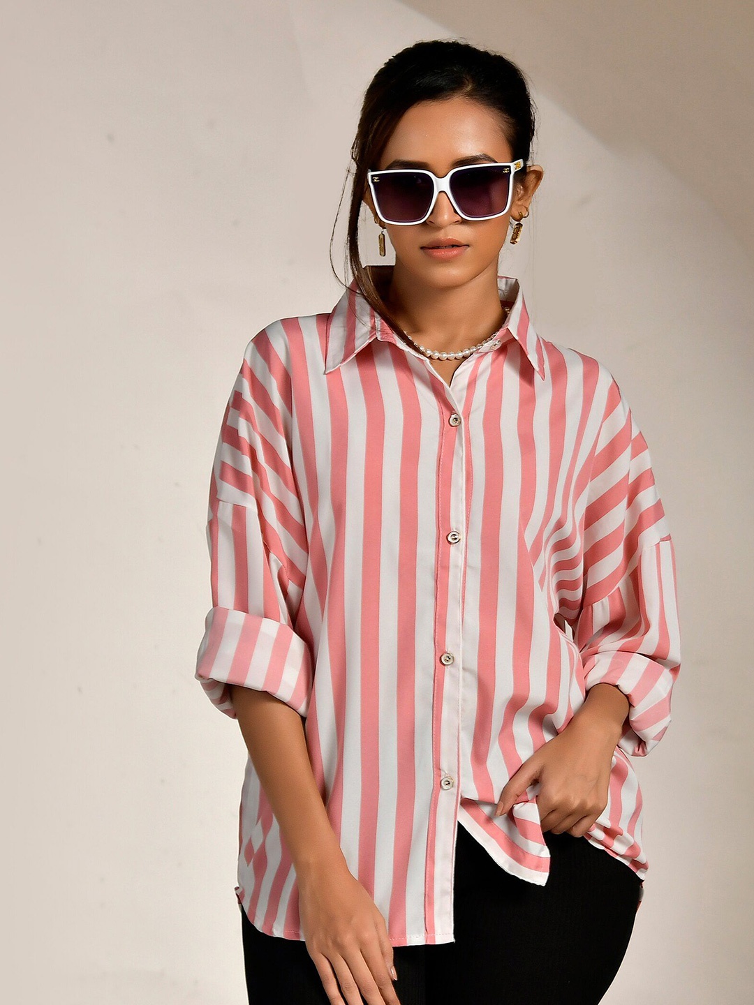 

Unityshop Women Standard Fit Spread Collar Vertical Striped Casual Shirt, Pink