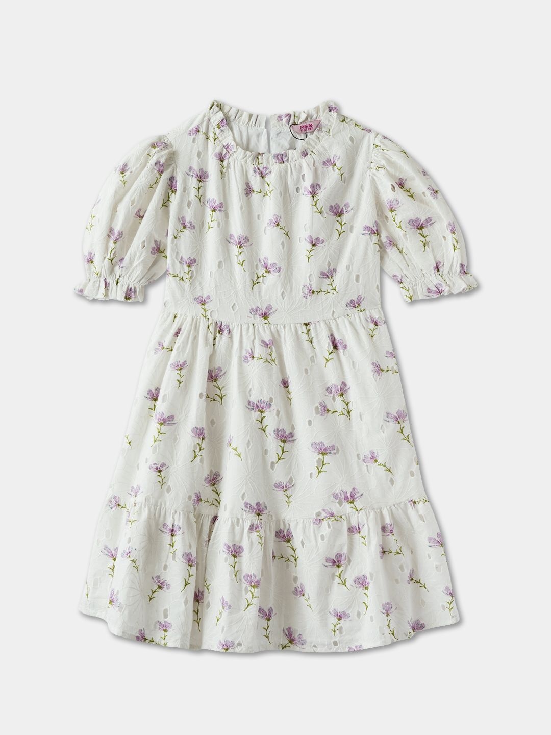 

R&B Girls Floral Printed Puff Sleeves Cotton Fit & Flare Dress, White