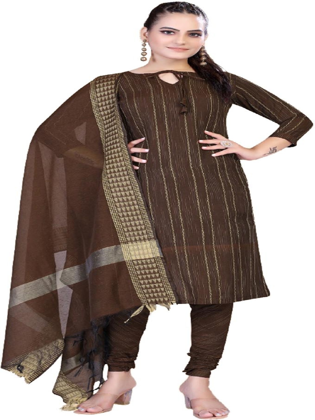 

Aika Geometric Embellished Pure Cotton Unstitched Dress Material, Brown