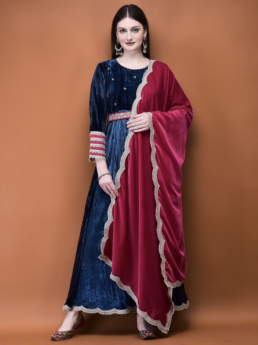 

Shree Women Embellished Fit & Flare Maxi Ethnic Dresses, Blue