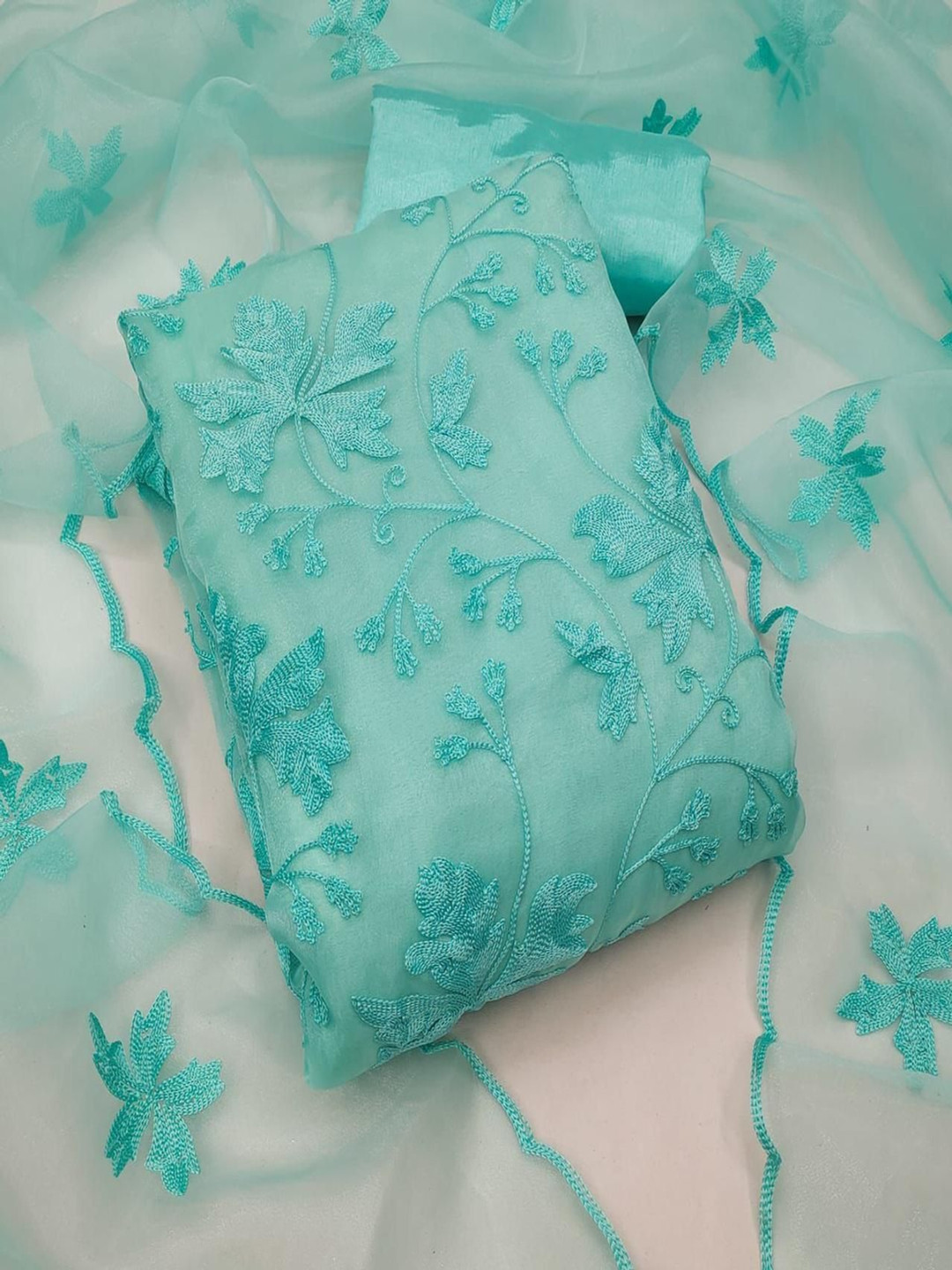 

Aika Floral Embroidered Organza Unstitched Dress Material, Green