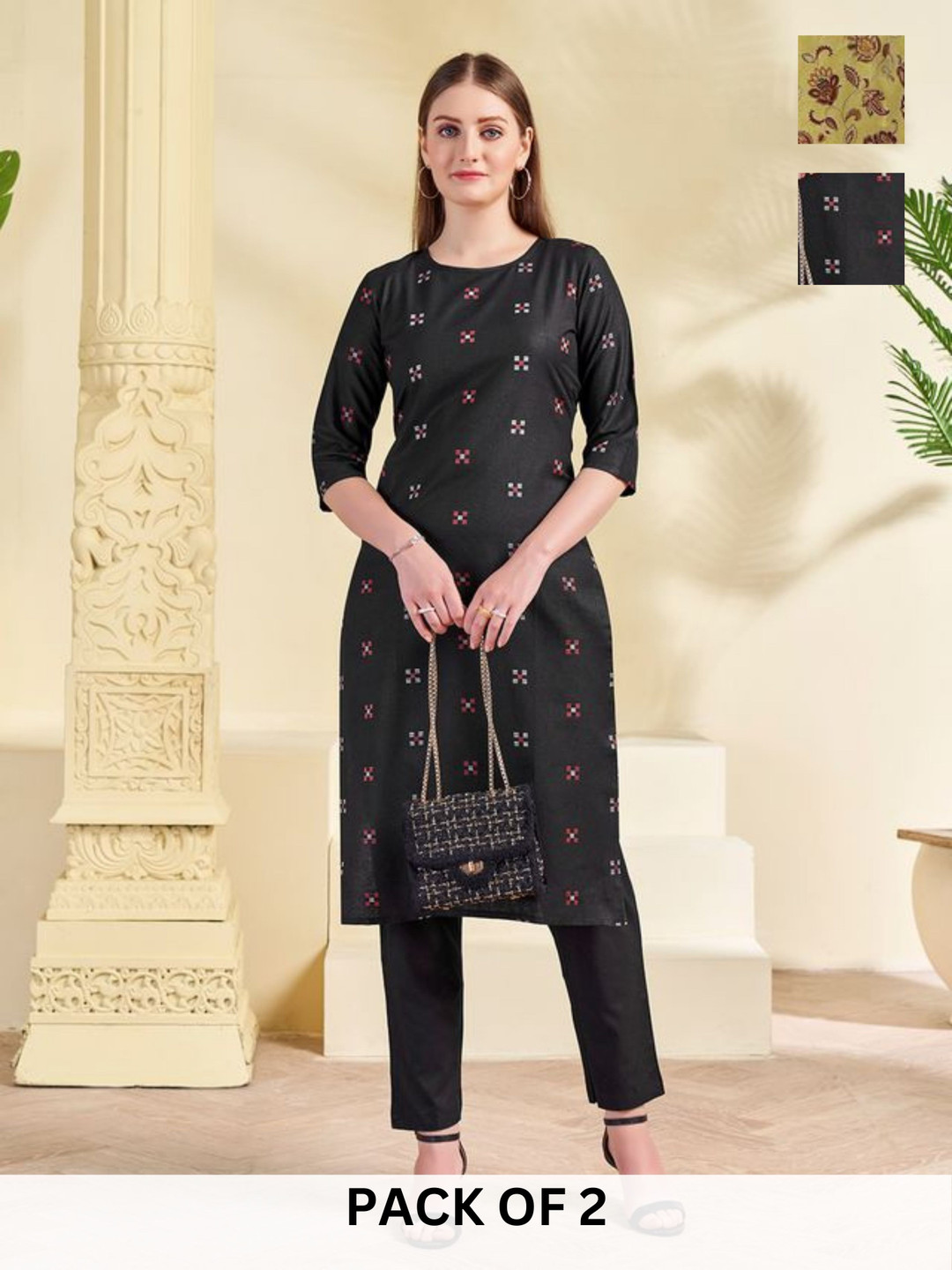 

KALINI Selection Of 2 Geometric Printed Straight Kurta with Trousers, Black