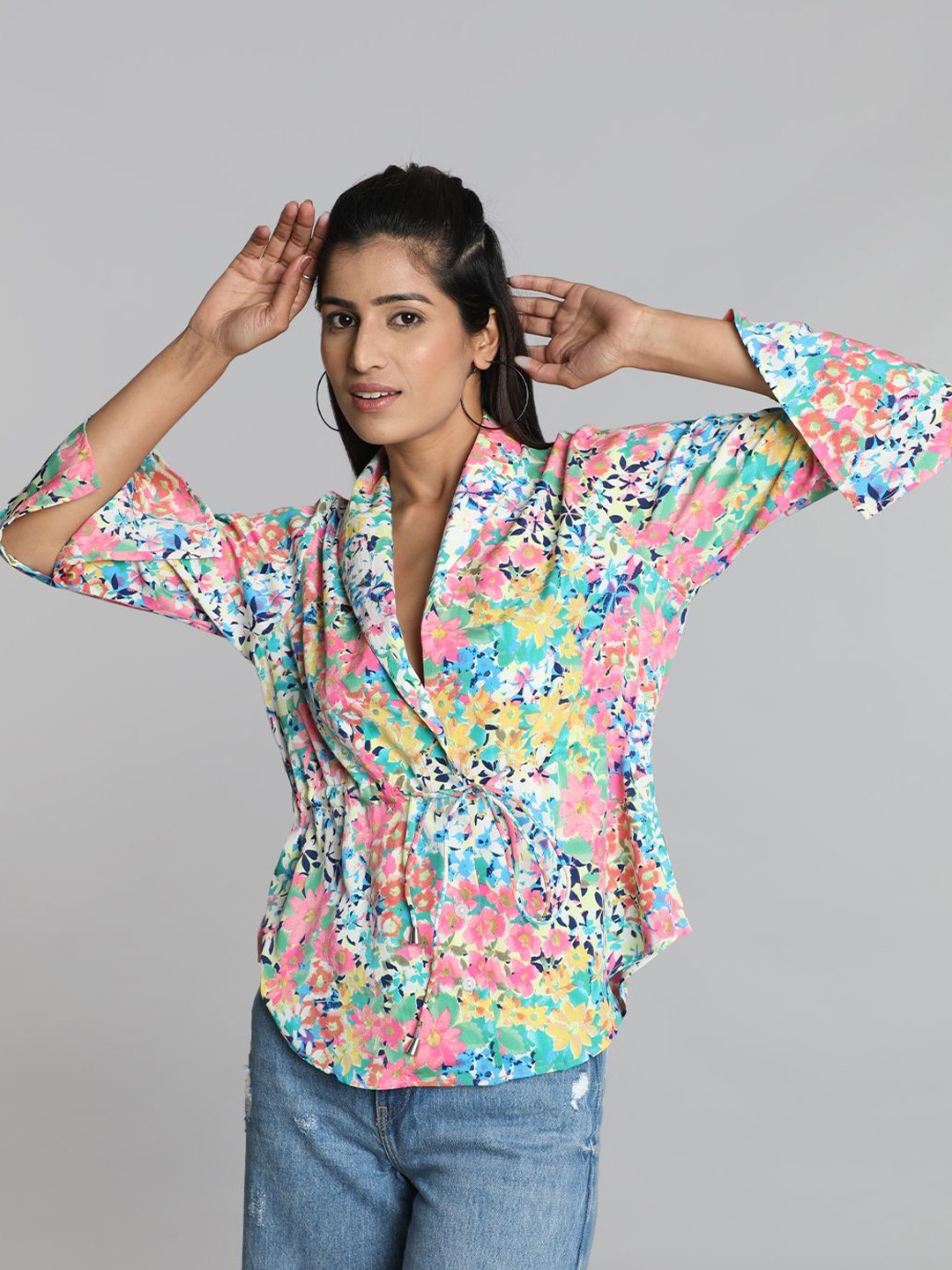 

Pomegal Floral Print Slit Sleeve Cinched Waist Top, White