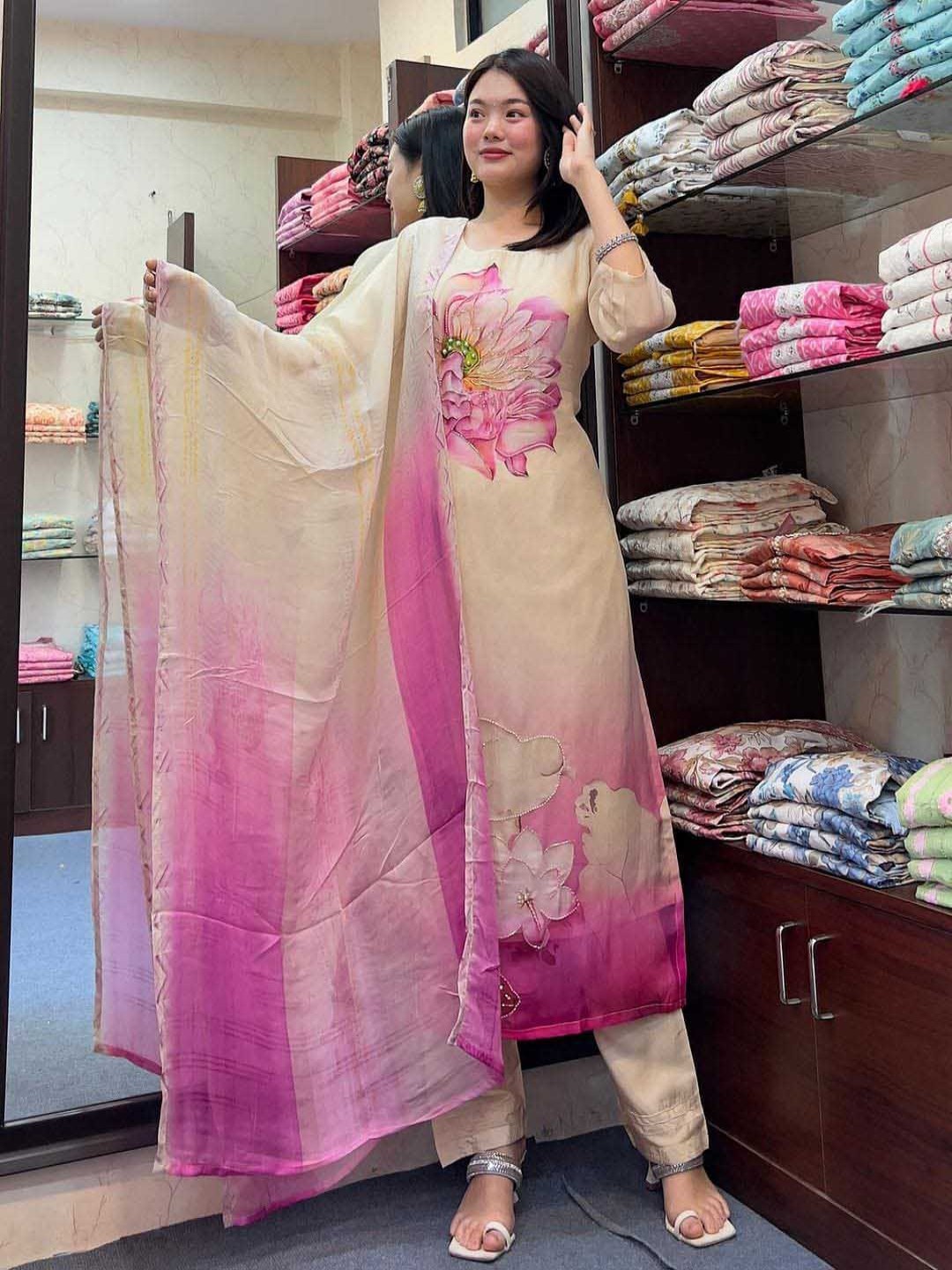 

IZIBRA Women Floral Printed Regular Beads and Stones Kurta with Trousers & With Dupatta, Pink