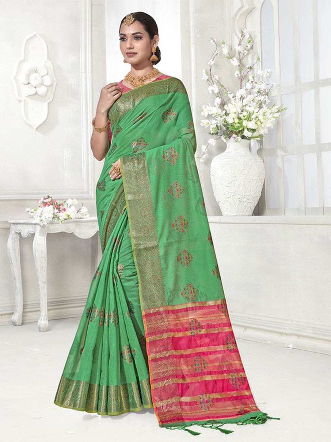 

sagarika Women Woven Design Zari Chanderi Saree, Green