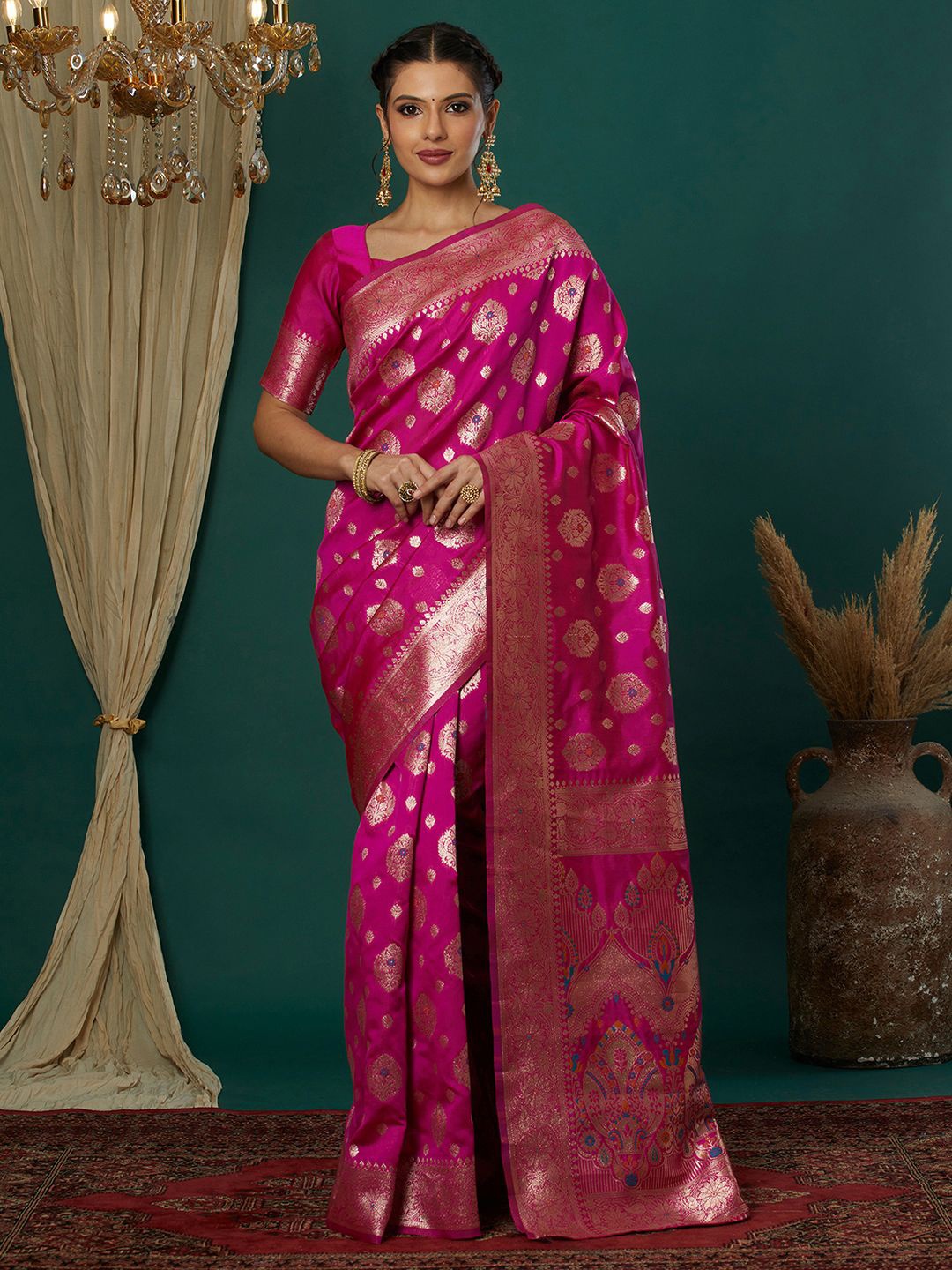 

Satrani Ethnic Motifs Banarasi Saree, Pink