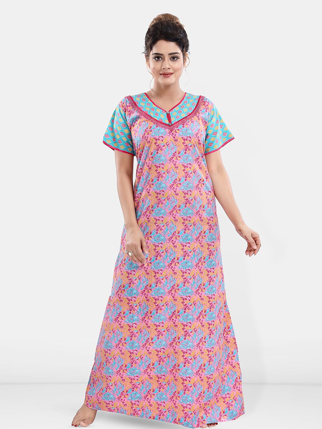 

Be You Women Printed Pure Cotton Maxi Nightdress, Pink