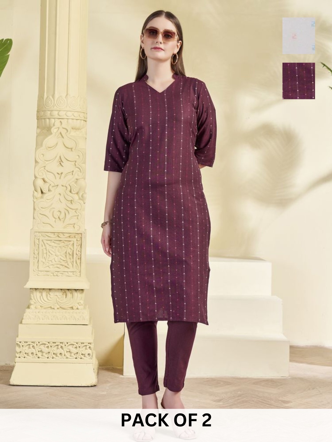 

KALINI Selection Of 2 Geometric Printed Straight Kurta with Trousers, Maroon