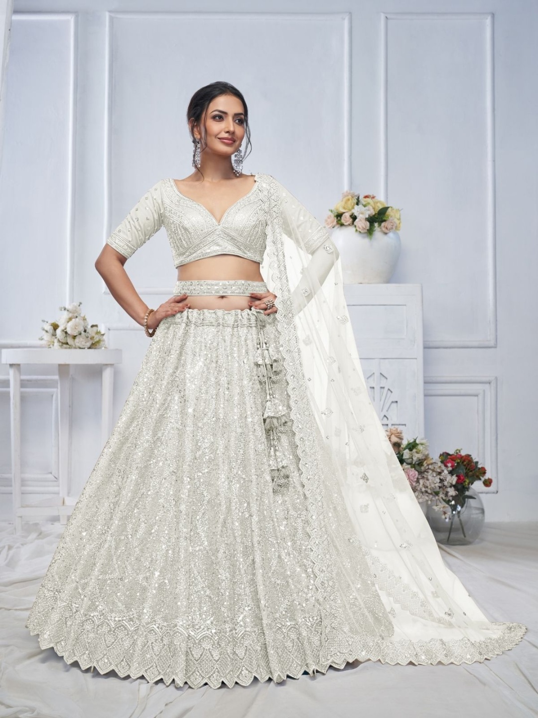 

ODETTE Embellished Sequinned Semi-Stitched Lehenga & Unstitched Blouse With Dupatta, White