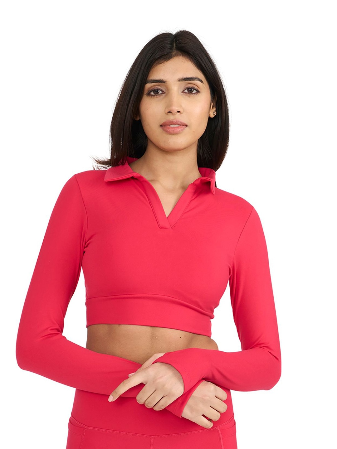 

Hunnit Zen Polo Neck Long Sleeve Active Wear Fitted Crop Top, Pink