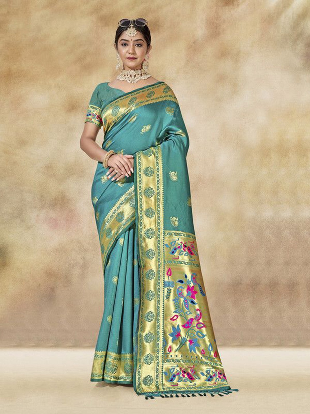 

sagarika Woven Design Zari Paithani Saree, Turquoise blue