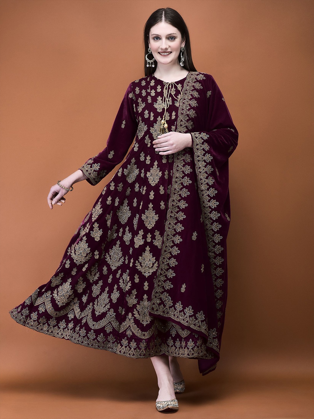 

Shree Women Ethnic Motifs A-line Dress With Dupatta, Maroon