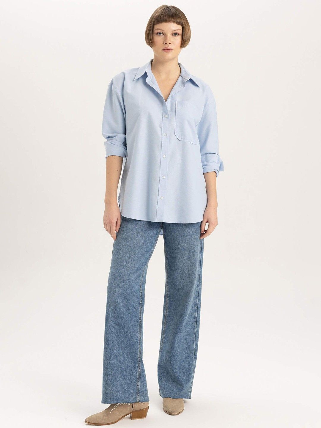 

NANCHI Women Comfort Relaxed Fit Spread Collar Solid Cotton Casual Shirt, Blue