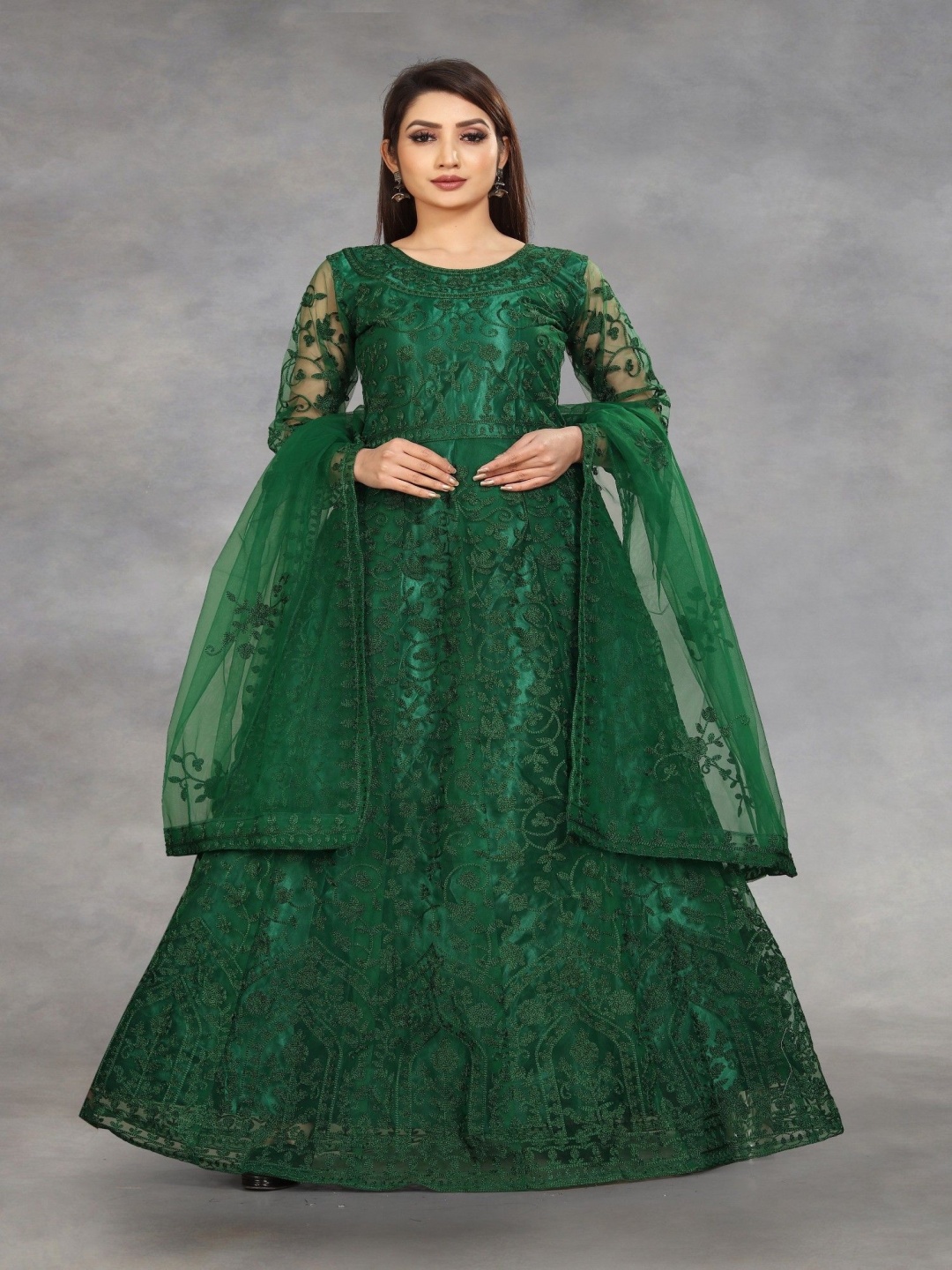 

Aika Floral Embroidered Pure Silk Semi-Stitched Dress Material, Green