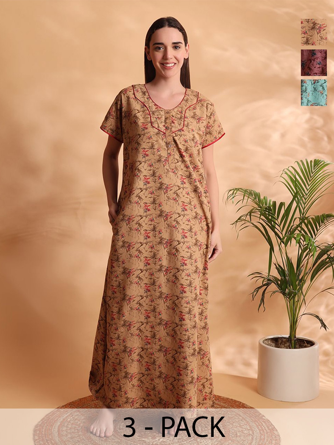 

G4Girl Women Pack of 3 Printed Maxi Nightdress, Brown
