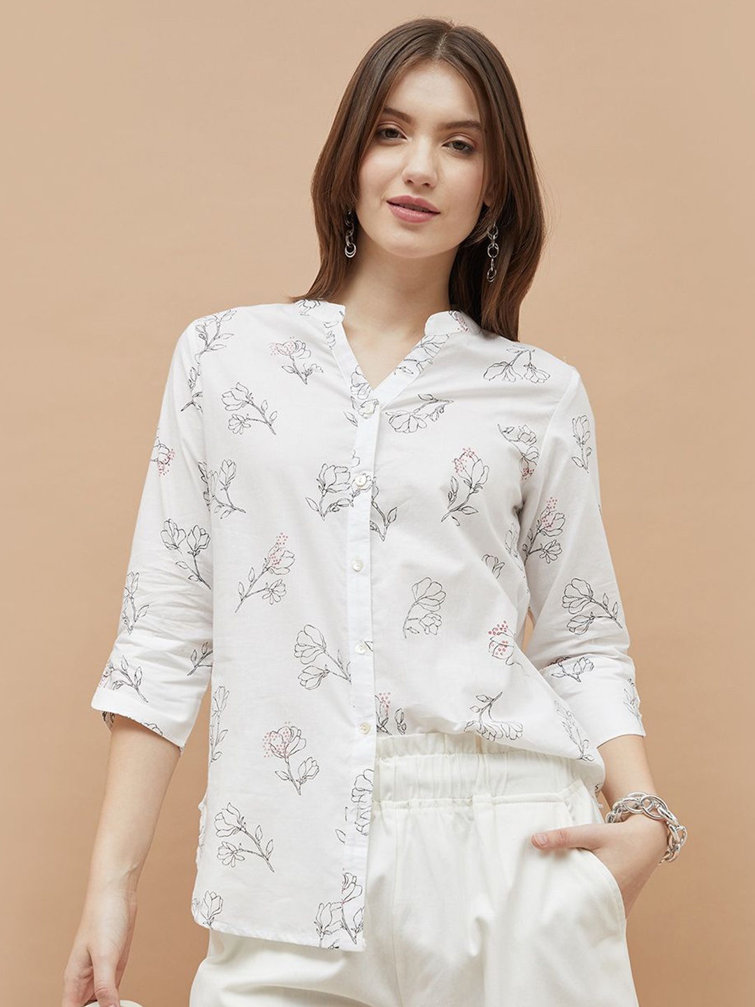

Colour Me by Melange Women Mandarin Collar Floral Printed Cotton Casual Shirt, White