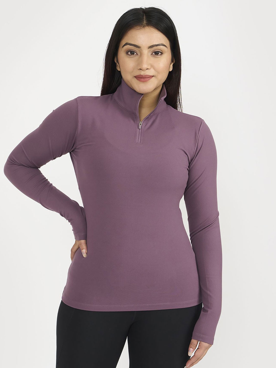 

Hunnit Zen High Neck Zipper Long Sleeves Training Jacket Top, Mauve