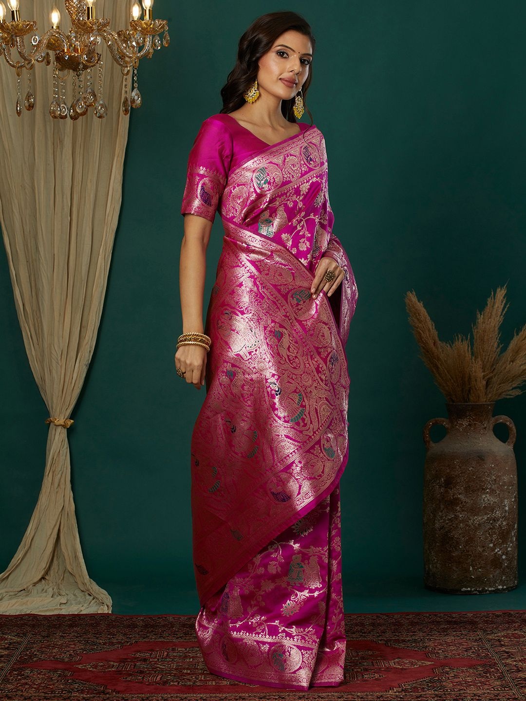 

Satrani Ethnic Motifs Zari Banarasi Saree, Pink