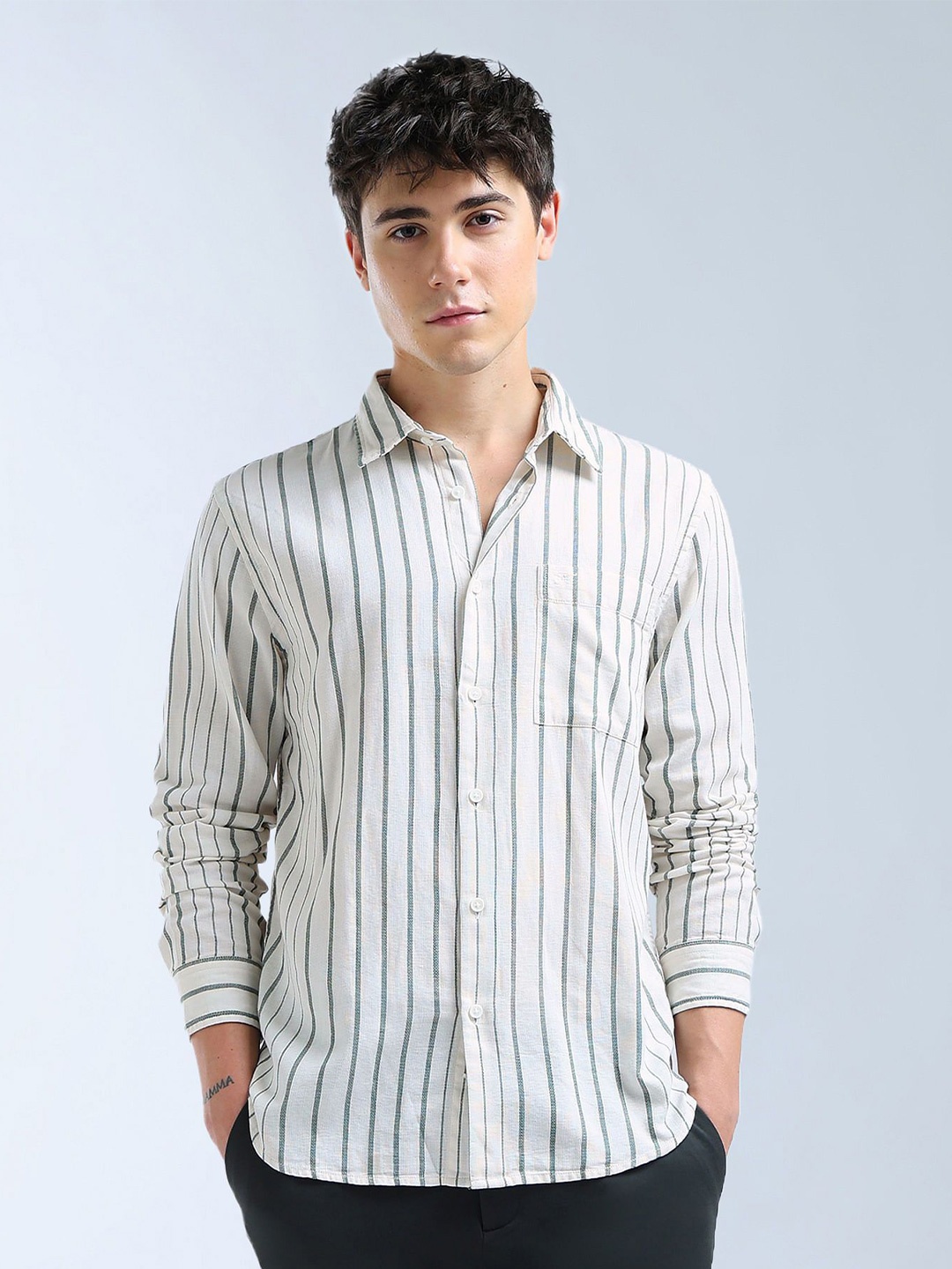 

Flying Machine Regular Fit Striped Shirt, White