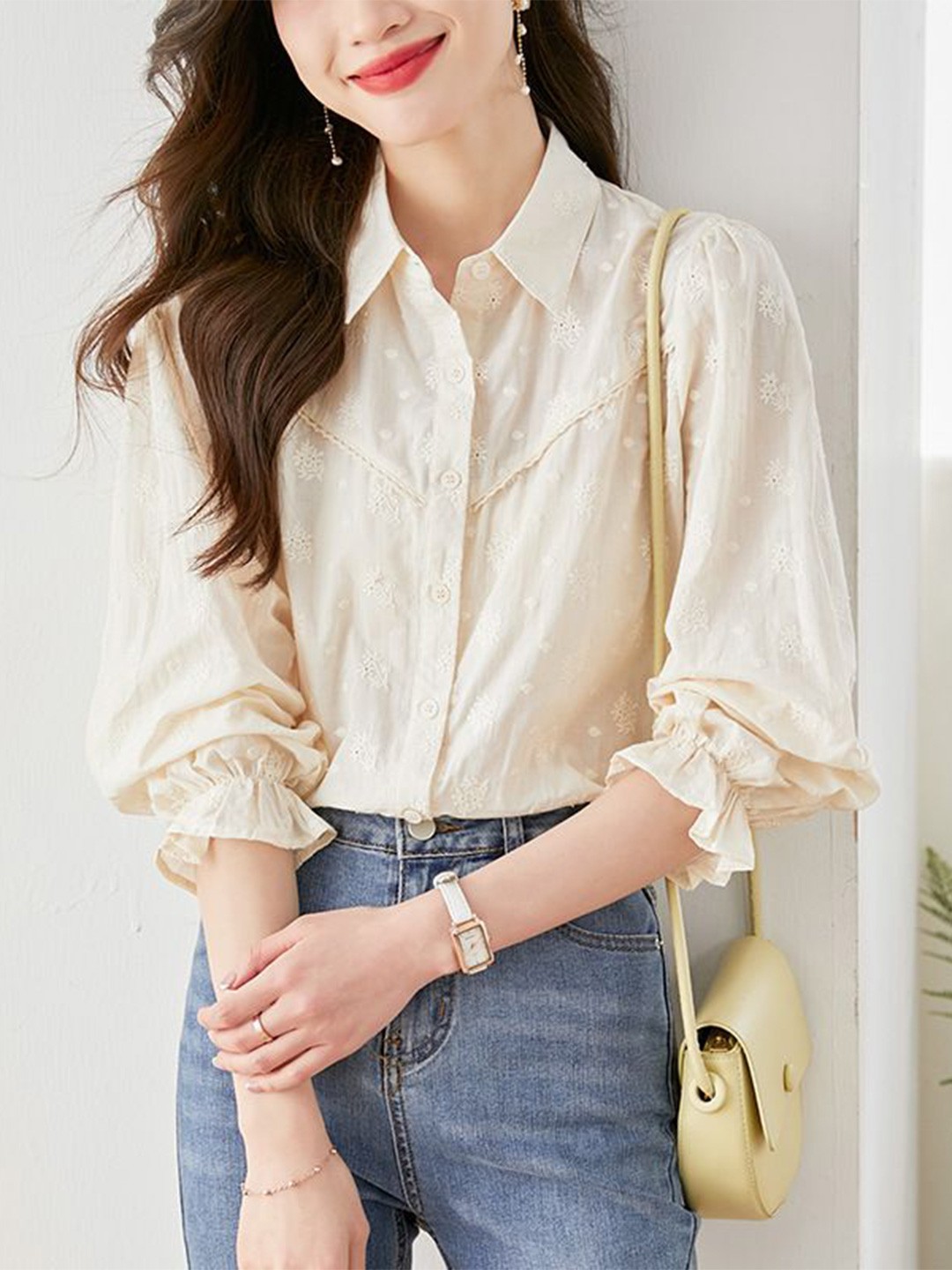 

StyleCast Women Self Design Floral Embroidered Cotton Casual Shirt, Off white