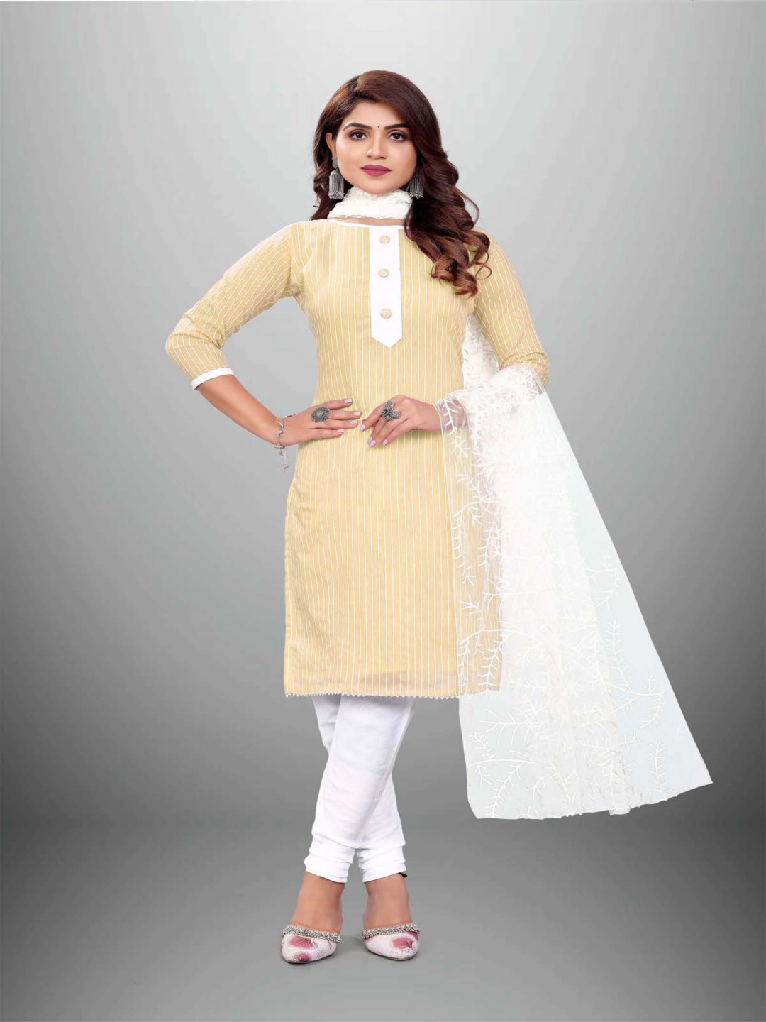 

Aika Striped Printed Pure Cotton Unstitched Dress Material, Beige