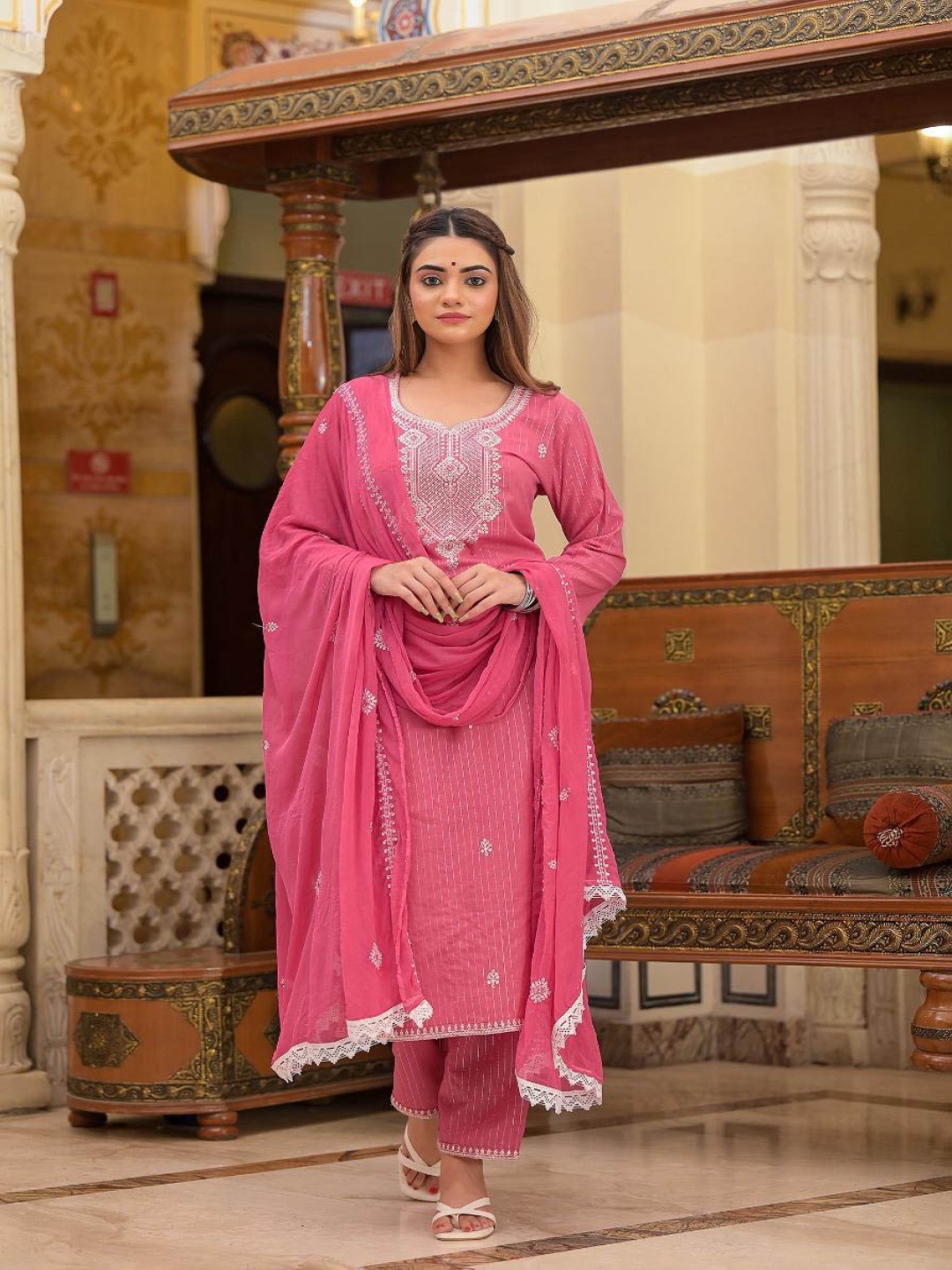 

Gauric creation Floral Embroidered Thread Work Pure Cotton Kurta With Trouser And Dupatta, Pink
