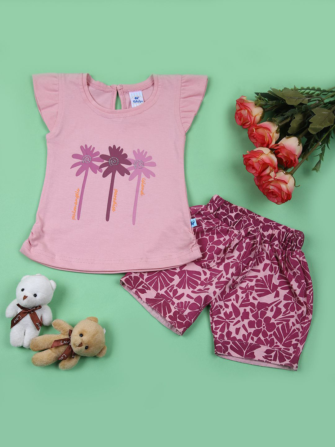 

V-Mart Girls Printed Round Neck Pure Cotton Top With Shorts, Coral