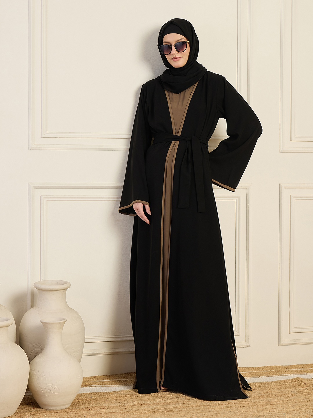 

NABIA 2 Piece Abaya Burqa With Shrug & Scarf With Belt, Black