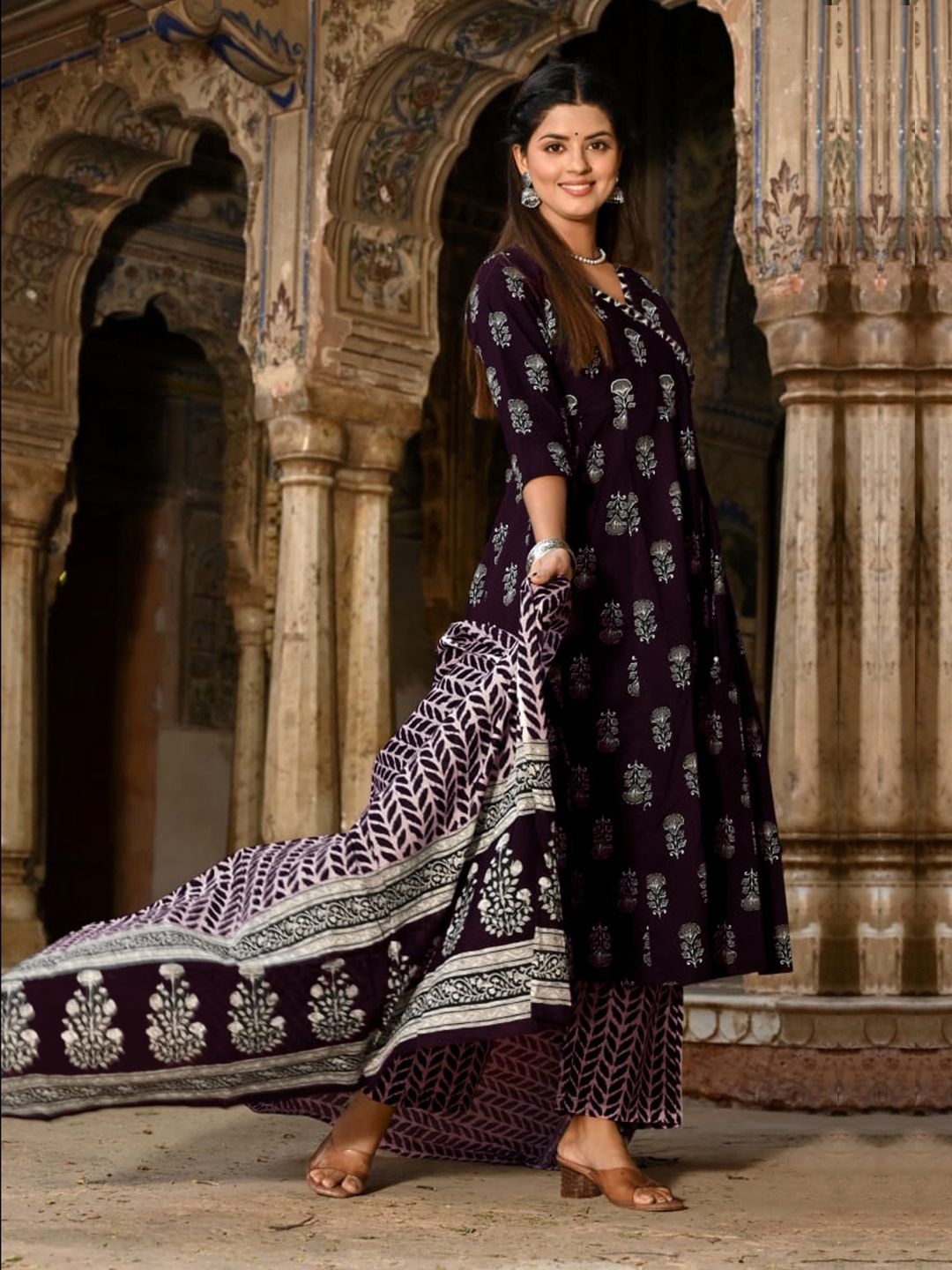 

7Threads Ethnic Motifs Printed V-Neck Angrakha Kurta With Trousers And Dupatta, Purple