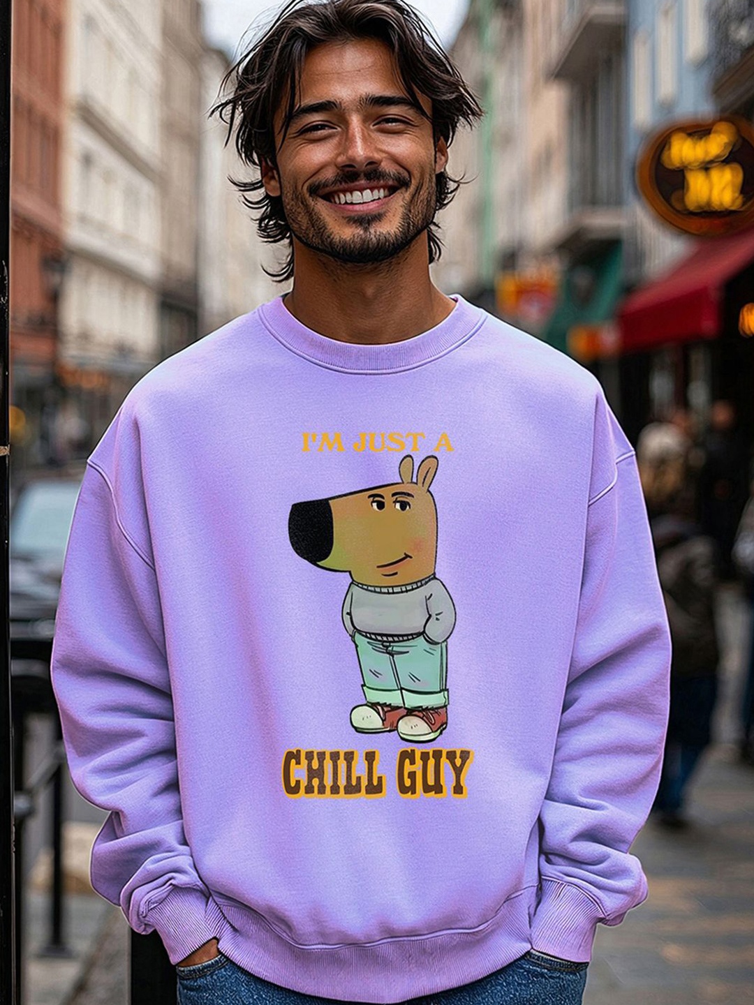 

Bewakoof Men Purple Chill Guy Graphic Printed Oversized Sweatshirt