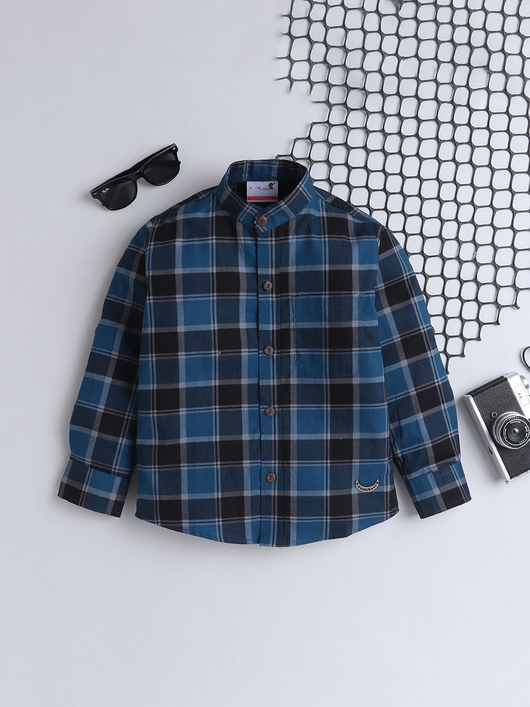 

BAATCHEET Boys Opaque Checked Party Shirt, Blue
