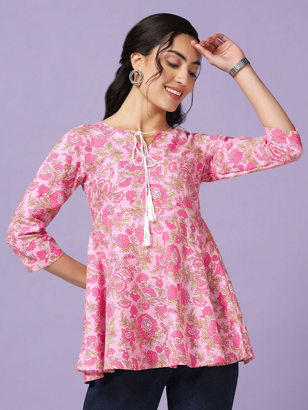 

BAESD Floral Printed Tie-Up Neck Cotton A-Line Top, Pink