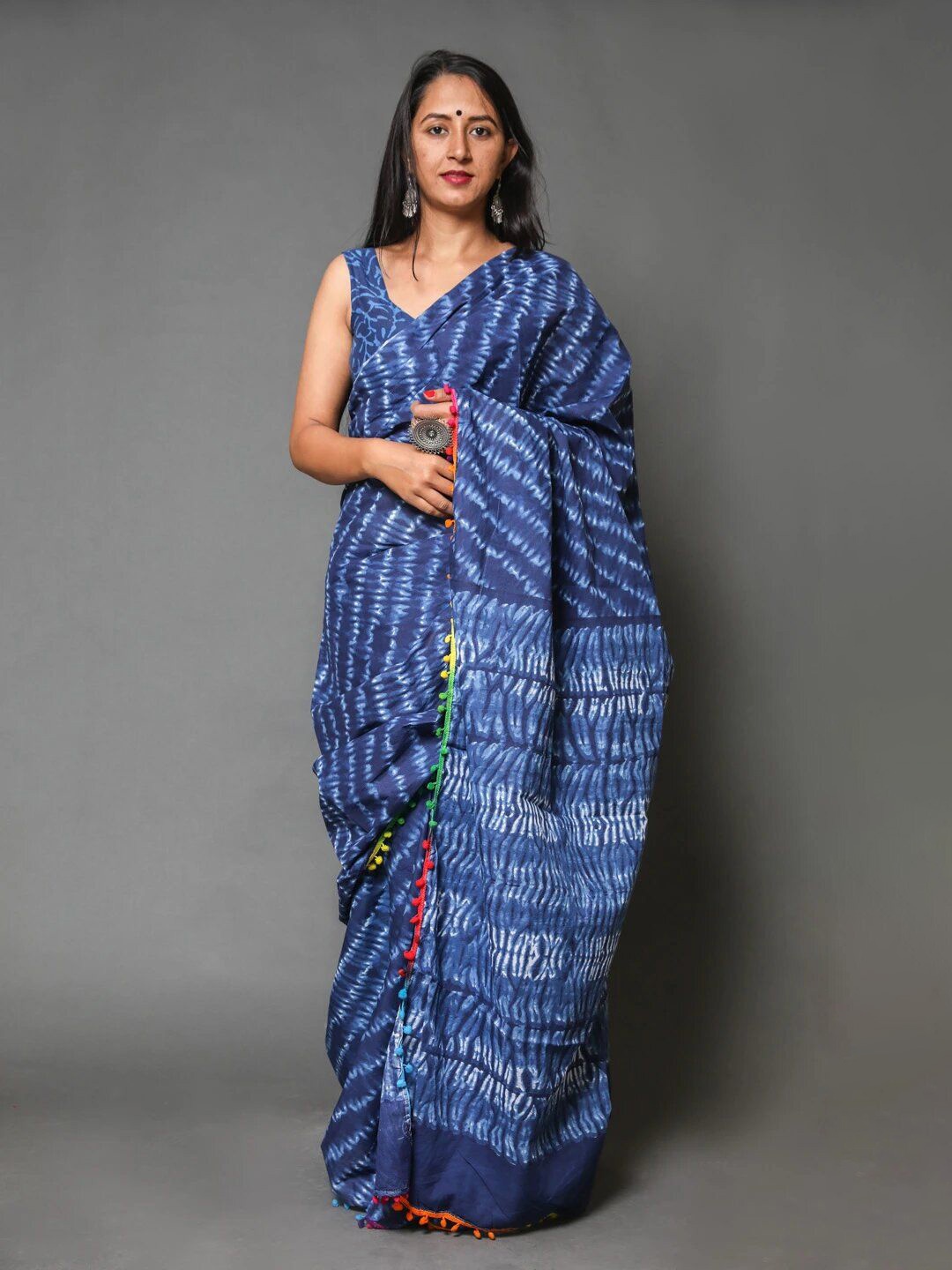 

Craft Musium Tie and Dye Pure Cotton Bagru Saree, Blue