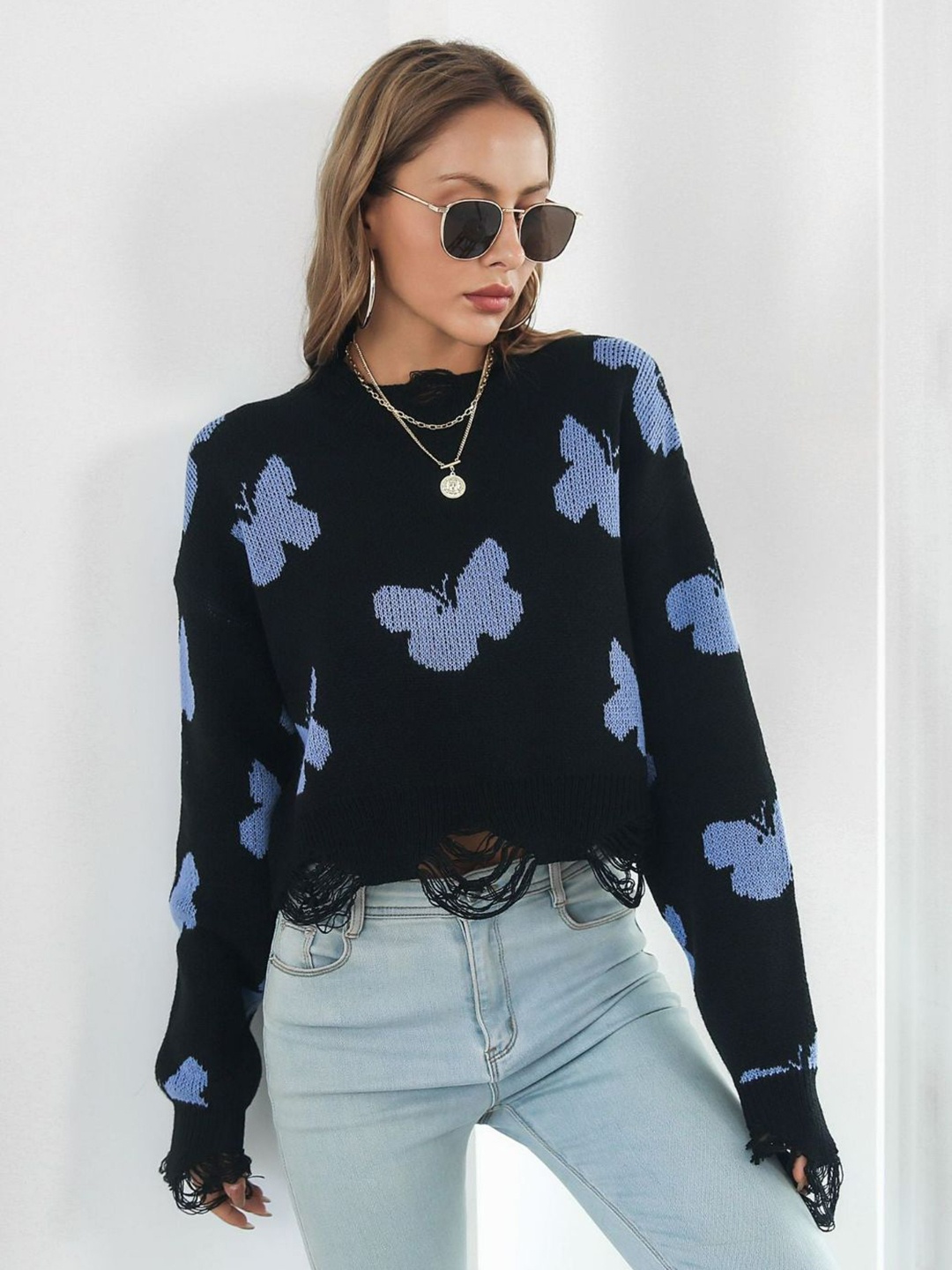 

Oh Rare Women Self Design Pullover Sweater, Black