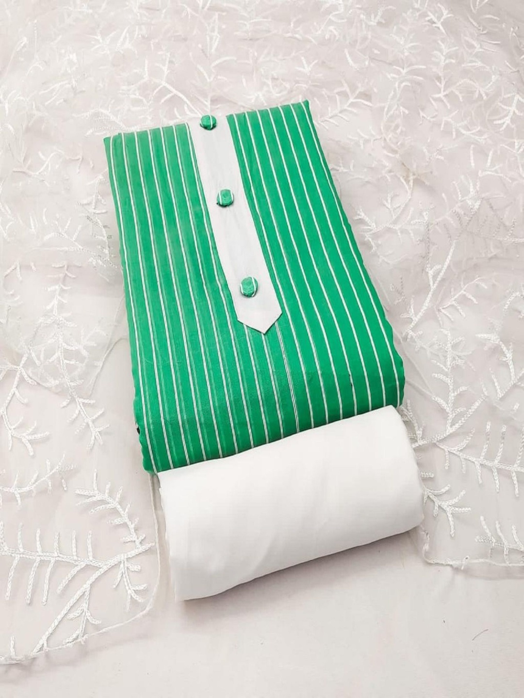 

Aika Striped Printed Pure Cotton Unstitched Dress Material, Green