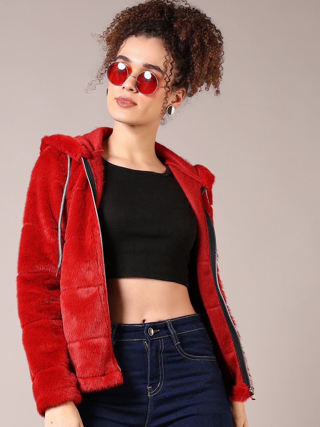 

V-Mart Women Fur Hooded Neck Sweatshirt, Red