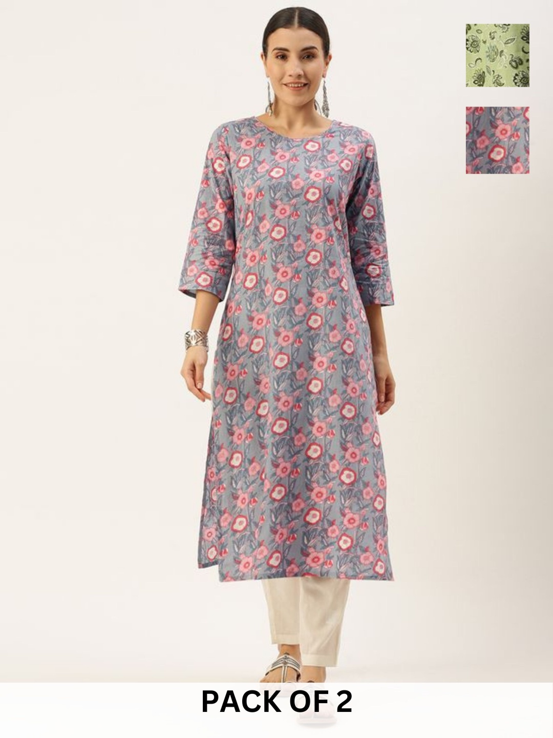 

KALINI Floral Printed Round Neck Kurta With Trouser, Grey