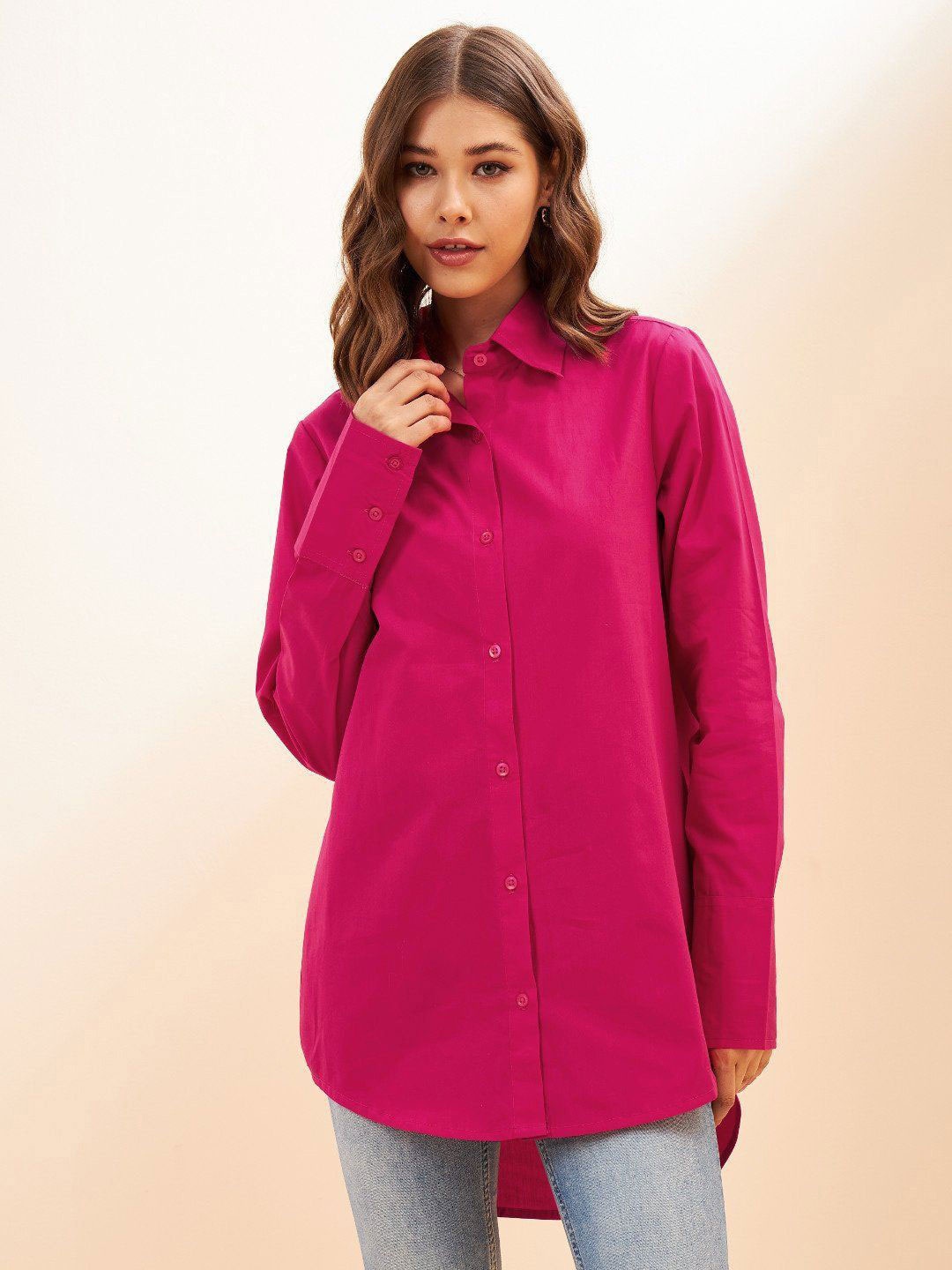 

WHY SO FAB Women Comfort Oversized Fit Spread Collar Solid Cotton Casual Shirt, Pink