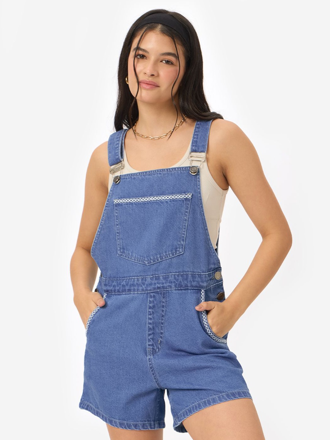 

The Souled Store Women Pure Cotton Denim Dungarees, Blue