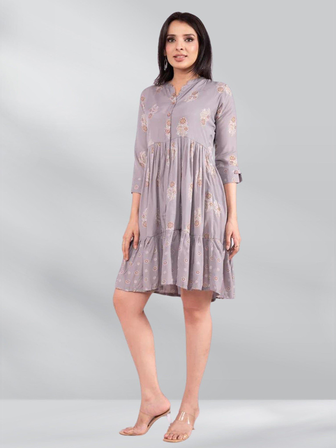 

FREYAA Cotton Printed A-Line Dress, Grey