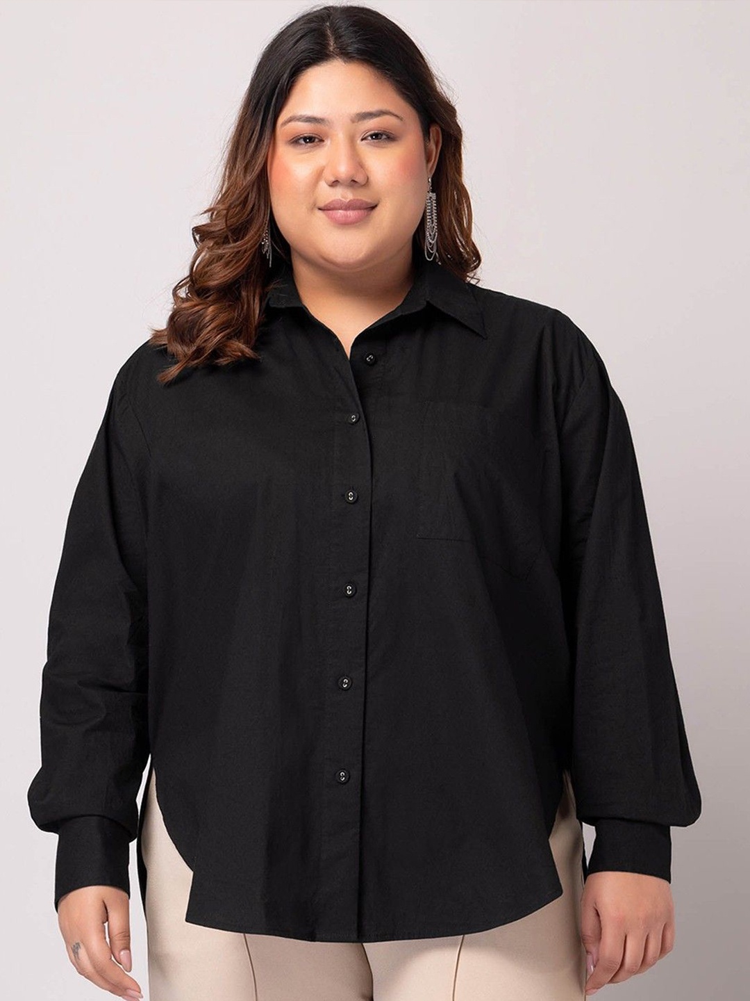 

WHY SO FAB Women Plus Size Comfort Relaxed Fit Spread Collar Solid Cotton Casual Shirt, Black