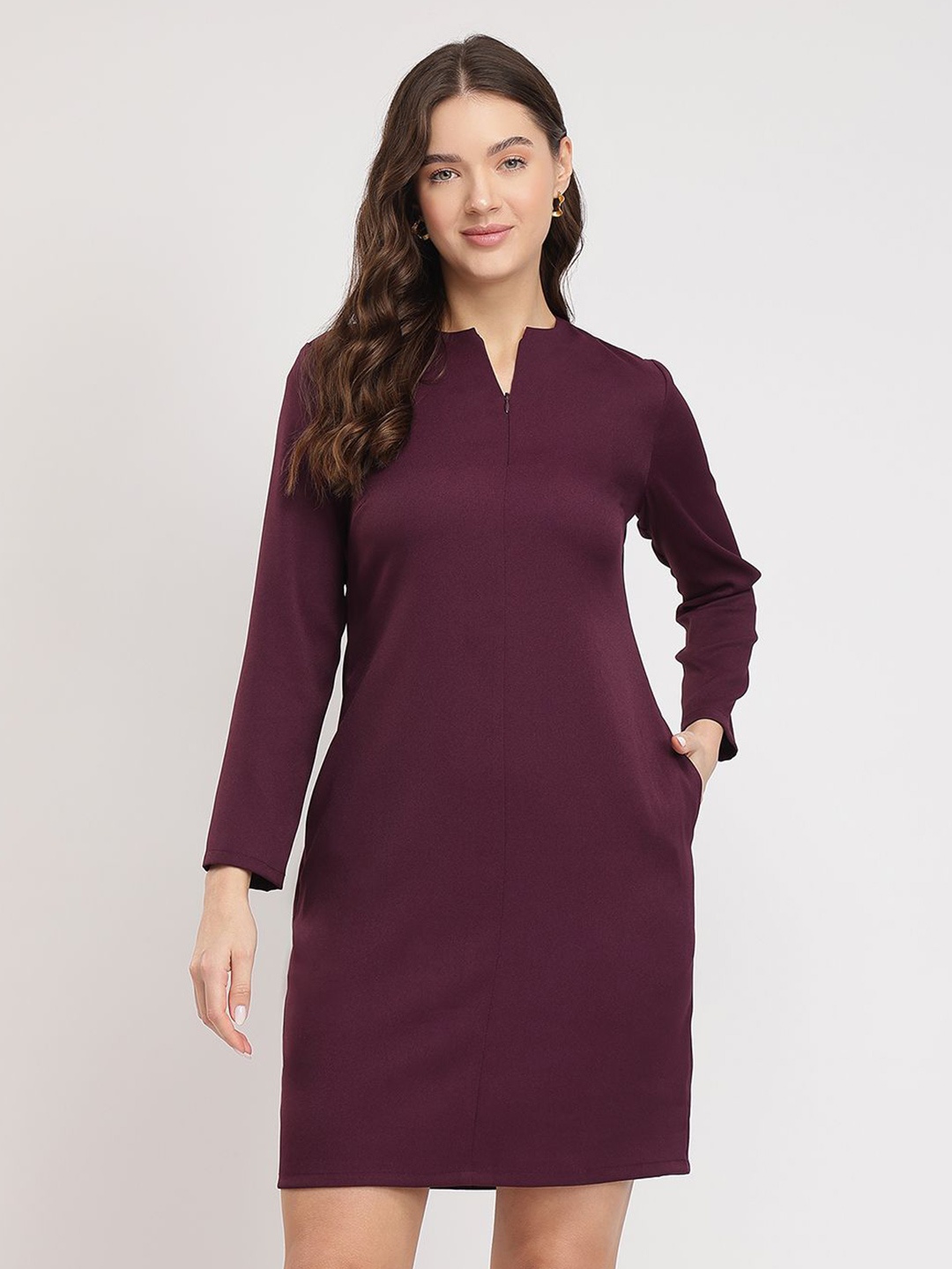 

FableStreet Women Front Zip Shift Dress - Wine, Burgundy